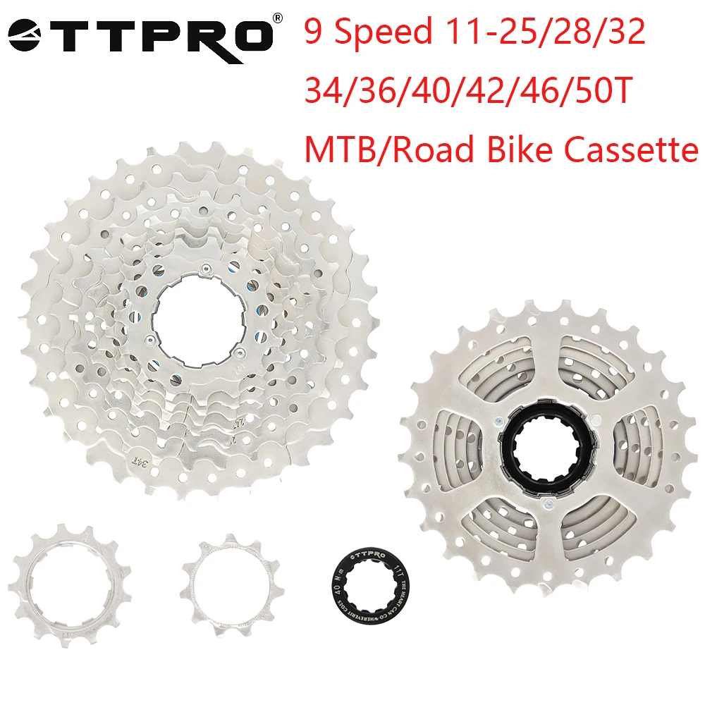

TTPRO 9-скоростная велосипедная кассета 11-25T/28T/32T/34T/36T/40T/42T/46T/50T серебряная кассета для горного шоссейного велосипеда оригинальные детали
