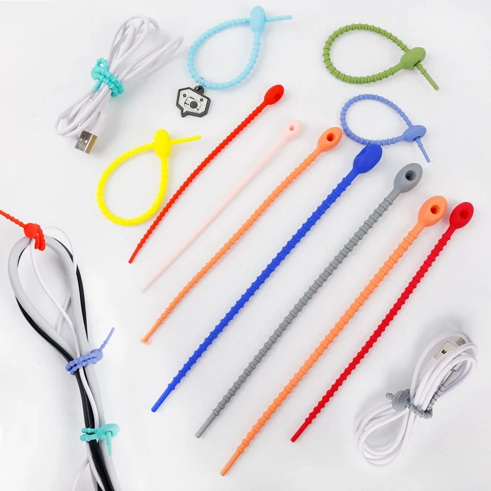 6Pcs Cable Zip Ties Silicone Self Locking Wire Cord Winder Organizer 150mm 180mm 215mm Multi-use Home Office Cable Management