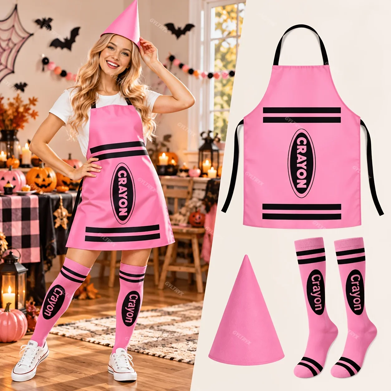 3pcs Crayon Theme Costume Set Colorful Cone Hat And Apron Fun Dress Up Outfit For Theme Party Family Gathering Photography