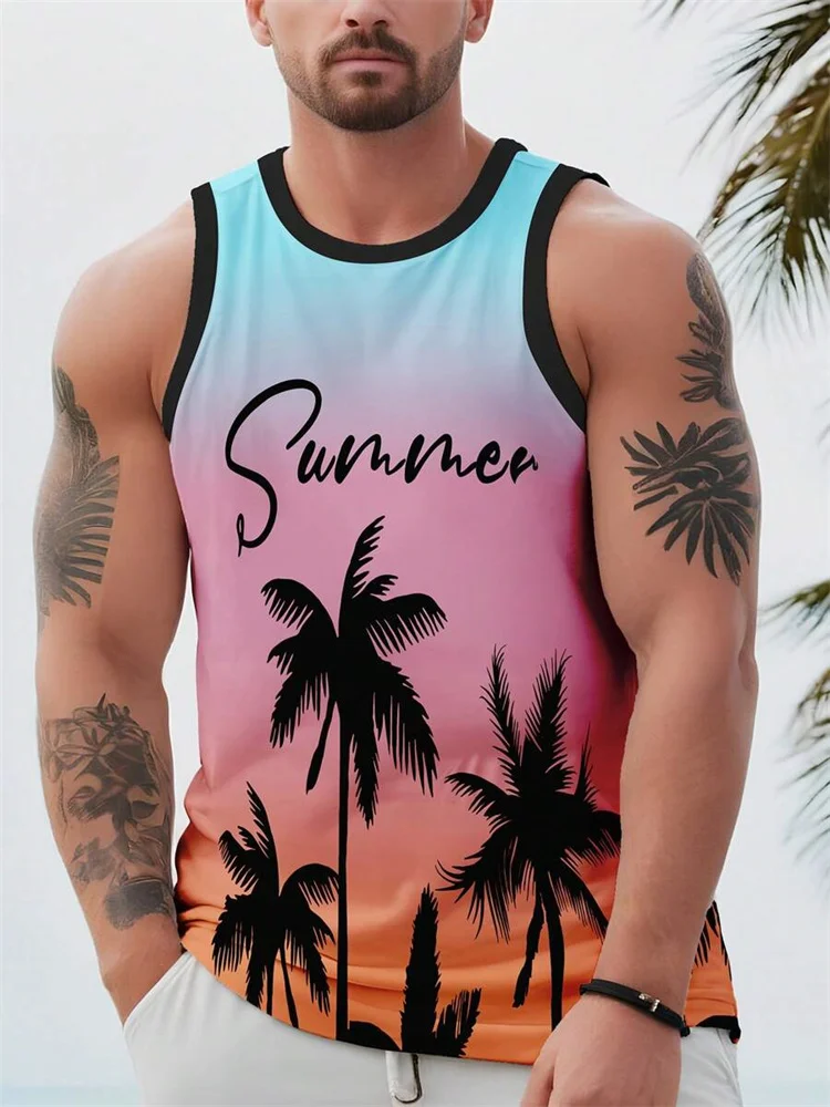 2024 New Men's Hawaiian Sleeveless Vest Summer Beach Lifeguard Casual Wear Men's Crew Neck Outdoor Sports T-Shirt Top XXS-4XL