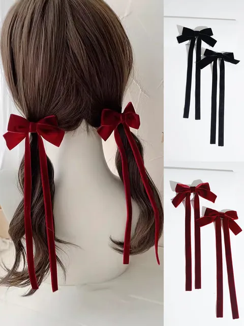 Lystrfac 2 sztuk/zestaw kobiety aksamitna szpilka do włosów kokarda długa wstążka klips do włosów moda Vintage Barrettes klips typu kaczy dziób akcesoria do włosów