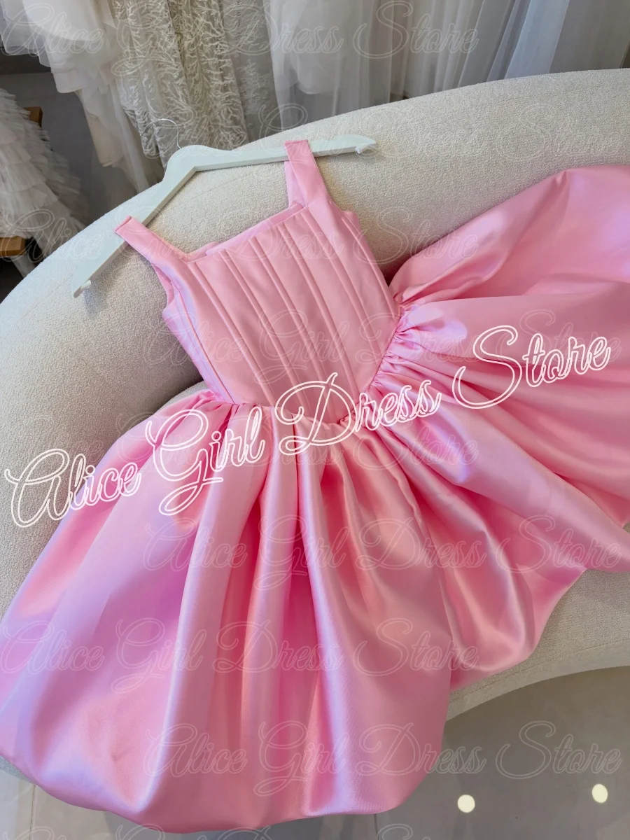 Customized Pink Flower Girl Dresses for Wedding Satin Knee Length Lovely Baby Girl Birthday Party First Holy Communion Gowns