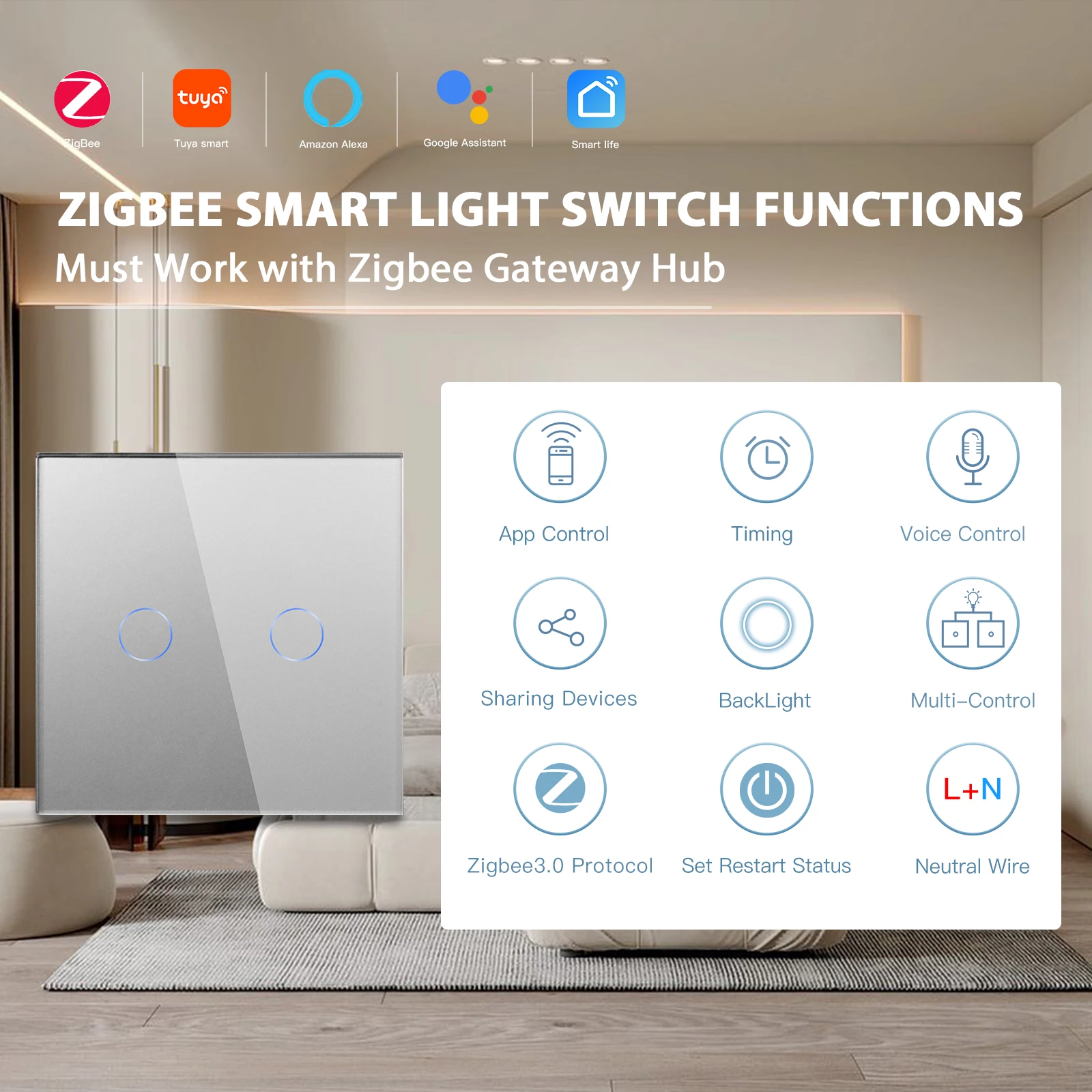BSEED Zigbee Touch Switches 1/2/3/4Gang Smart Light Switch Wall Stair Switches Tuya Control Smart Life APP Google Alexa Neutral