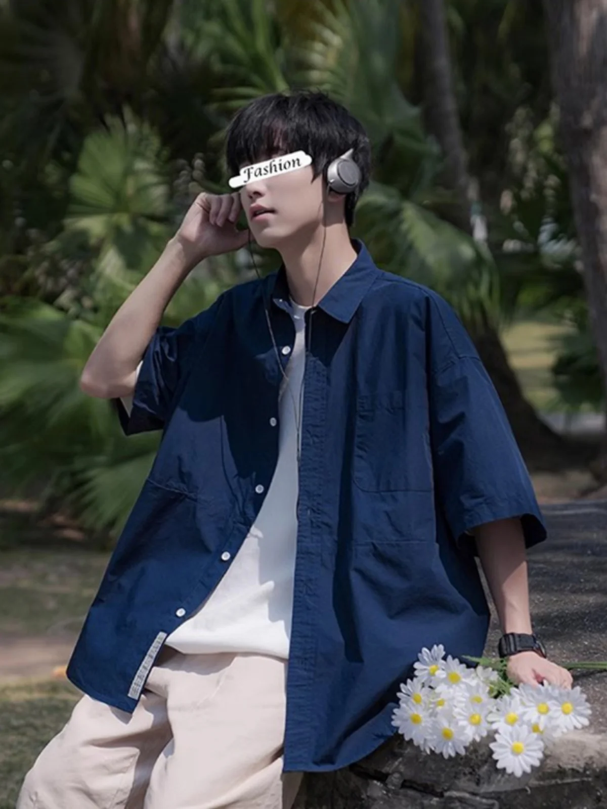 

Голубой ледяной шелк ort Sve irt, мужской летний тонкий дышащий свободный воротник f Sve irt, молодежная повседневная одежда