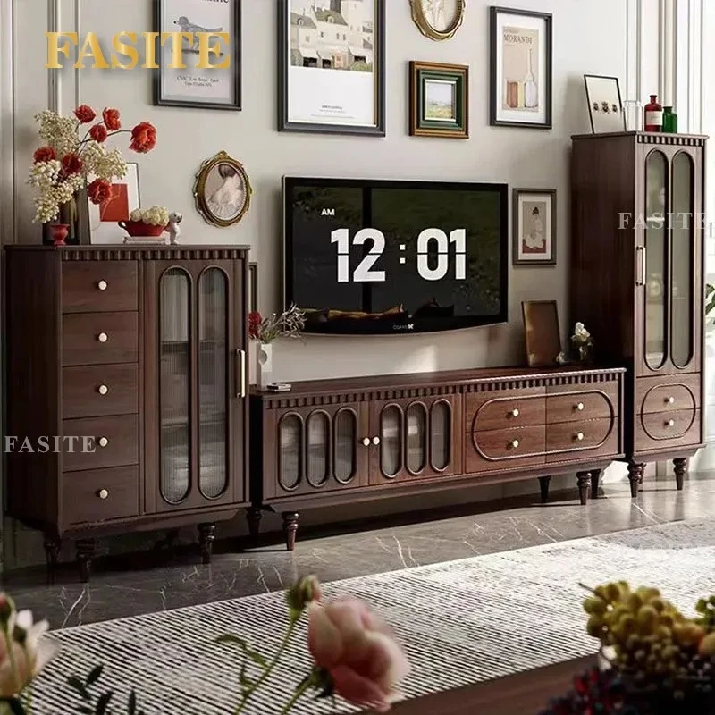 American Light Luxury Retro Solid Wood Coffee Table TV Cabinet Combo French Simple Storage Locker Living Room Furniture Set