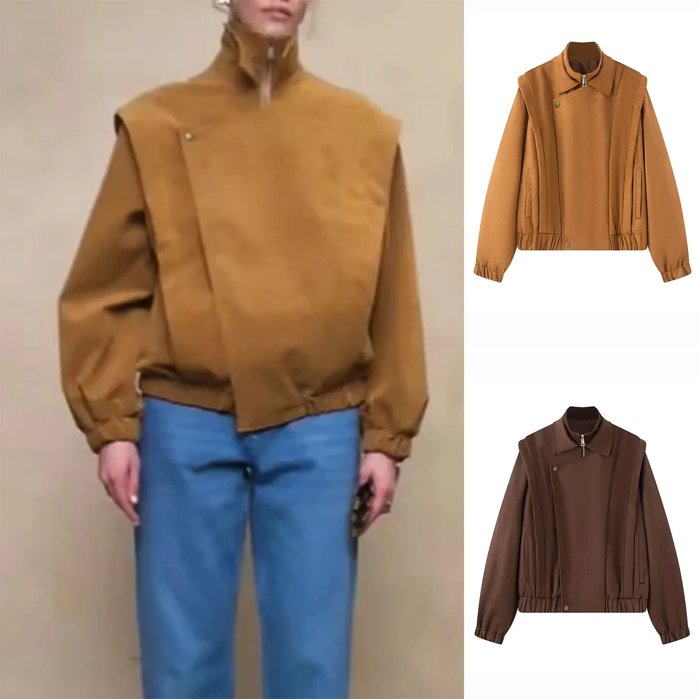 

Cool Spicy Sle Женское свободное замшевое пальто Jaet с воротником-хомутом Jaet ort Coat American Sle Long Sve на молнии из полиэфирного волокна