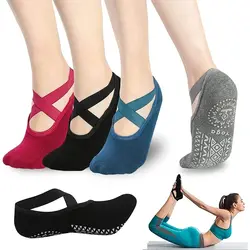 2 Pairs Women Yoga Socks Silicone Anti-slip Ballet Pilates Socks Cotton Ladies Backless Breathable Bandage Dance Sports Socks