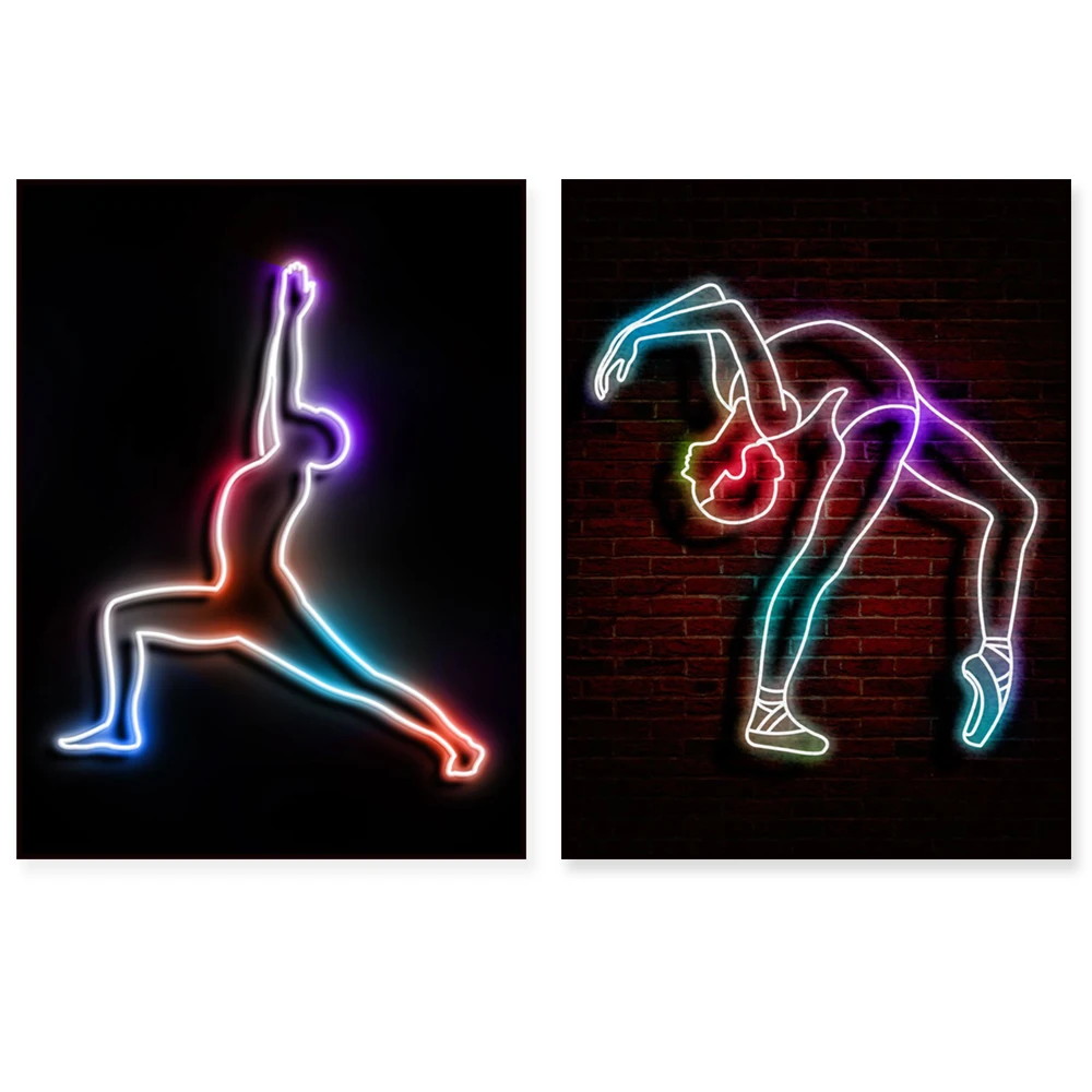 Impresión de Yoga con Efecto Neón de Yoga Mountain, Pintura en Lienzo de Ballet, Excelente Impresión Fotográfica de una Bailarina en Pose, Póster Decorativo para Pared