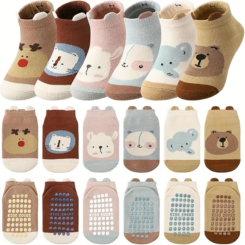 6 pairs of boys and girls' anti slip socks with cute cartoon animal patterns, comfortable and breathable baby floor socks