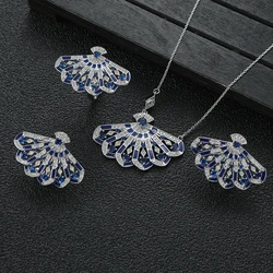 Luxury Sparkling Geometric Hollow Out Fan-shaped Cubic Zircon Dubai Bridal Rings Necklace Stud Earring Jewelry Sets S521