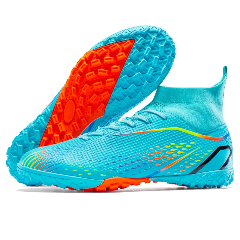 High‑Ankle Turf Soccer Cleats, Lace‑Up Breathable Knit Upper Football Shoes Non‑Slip TF Rubber Sole Training Footwear for Men Yo