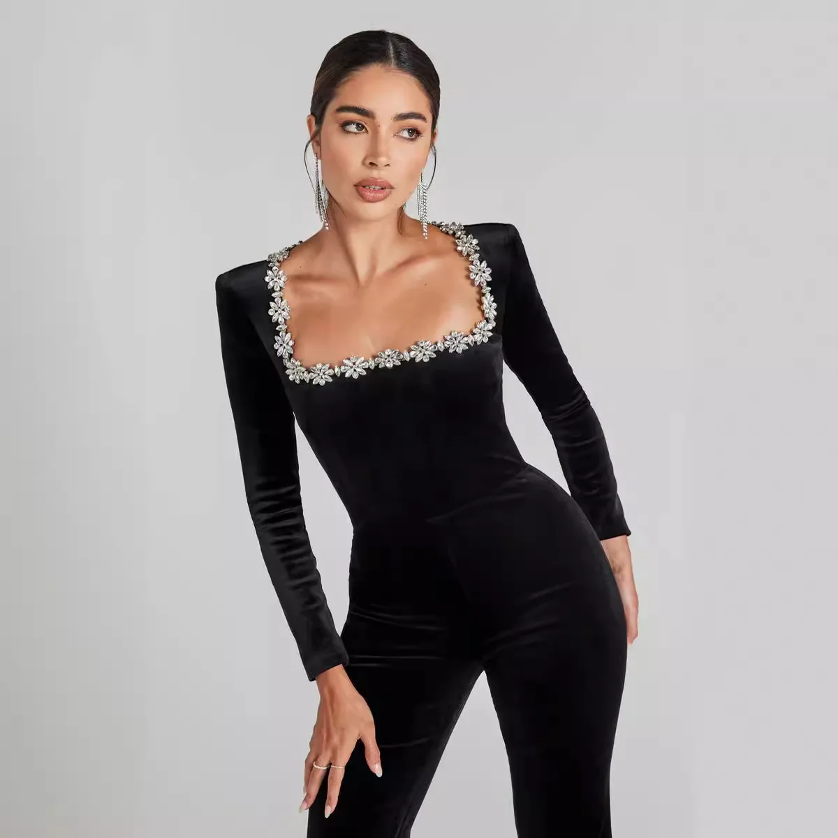 2024 Women Luxury Diamonds Jumpsuit Black Long Sleeve Solid Bodycon Bandage Bodysuit Sexy High-Waisted Evening Party Jumpsuits