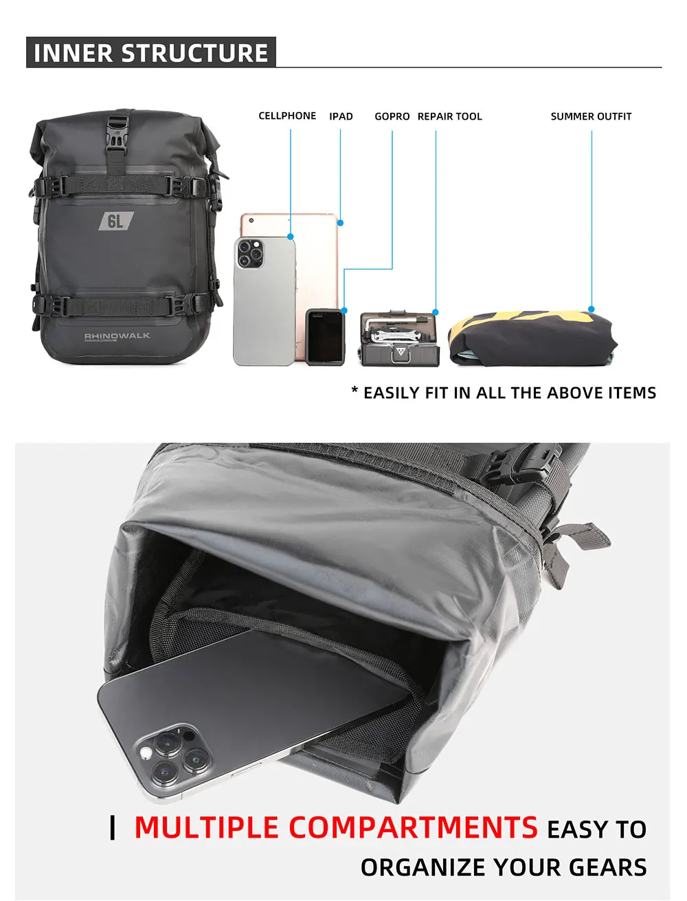 Rhino walk Motorrad Seiten tasche mit Basis wasserdicht 6l/8l/10l/15l Motor Rücksitz Tasche Rack Motocross Aufbewahrung rucksack – Detail 15