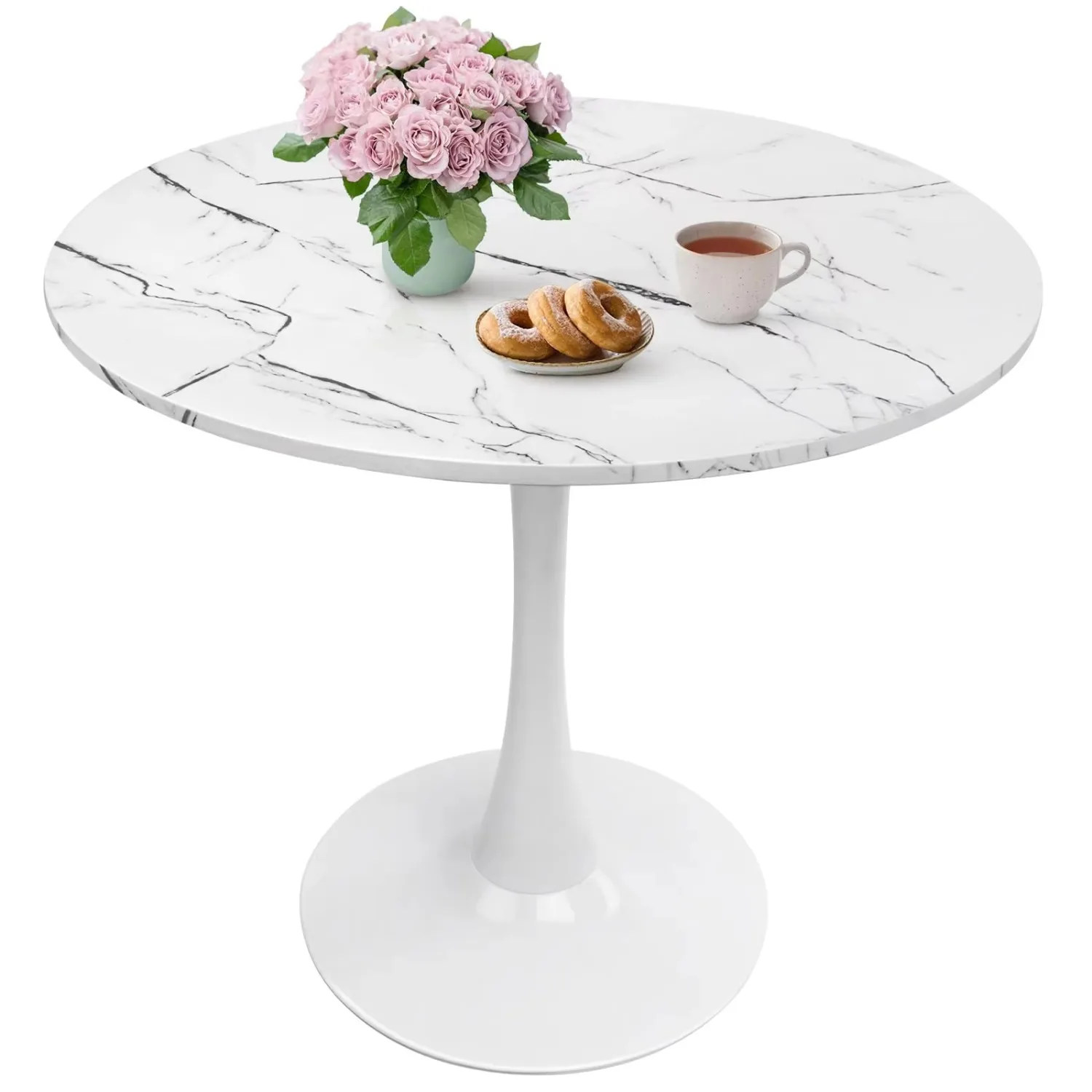 31.5" Tulip Round Dining Table with Metal Pedestal Marble Wh | Mid-Century Modern Circle Table for 2-4 People for Small
