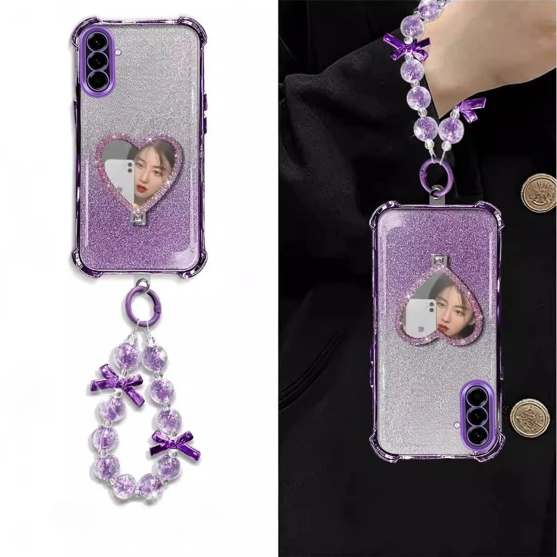 Bracelet Glitter Heart Mirror Holder Stand Case For Samsung A51 A31 A21S A50 A20 A30 A70 A71 A11 Shockproof Soft Silicone Cover