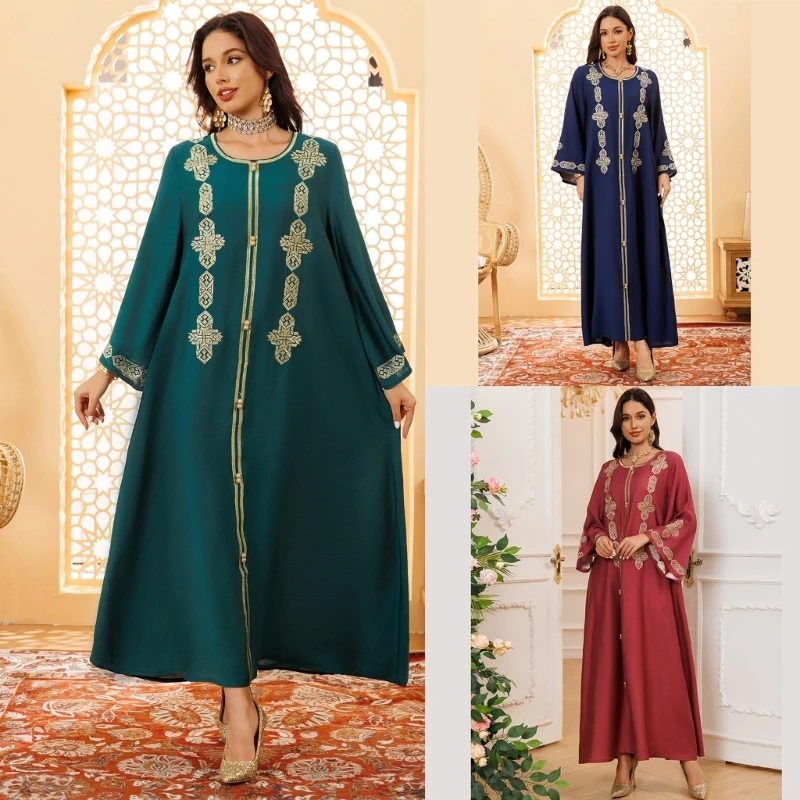 Women Muslims Dress Embroidery Ramadan Kaftan Middle East Robe Moroccan Caftan Muslims Thobe Lady Long Sleeves Dress