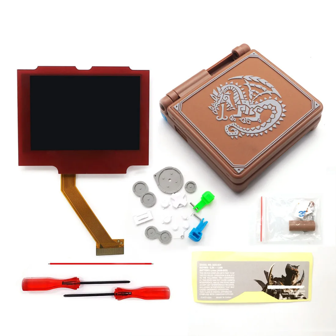 Red Glass Lens--Drop in V5 Pre-Laminated Backlight LCD+3D Coffee Chinese Dragon Shell For GBA SP