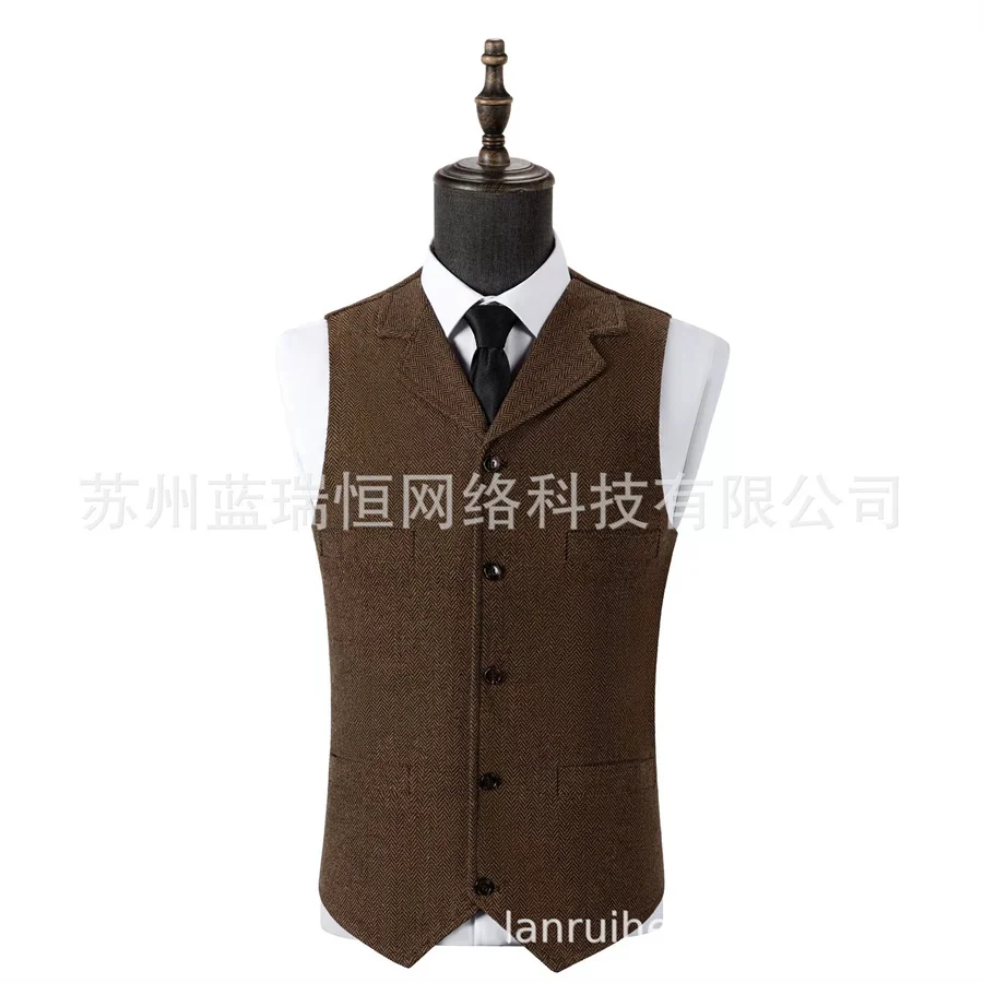 Business Men's Suit Vest Lapel V Neck Herringbone Brown Waistcoat Formal Groomsman Sleeveless Jacket for Wedding Slim Outerwear