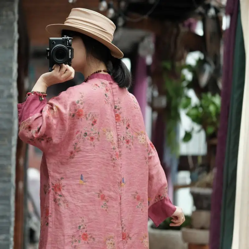 ใหม่ 2025 ฤดูใบไม้ผลิศิลปะสไตล์ผู้หญิงคอยาวแขนยาวหลวมVINTAGEปุ่มRamieดอกไม้พิมพ์คุณภาพสูงB42