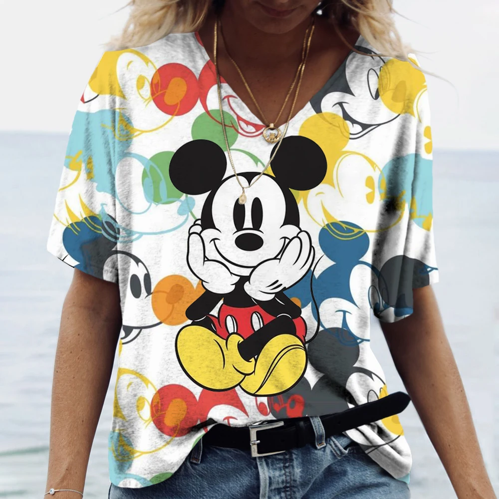 2024 Plus Size Spring/Summer New Mickey Mouse Print Casual Fashion Women\'s V-Neck Short-Sleeved Loose T-Shirt 3XL