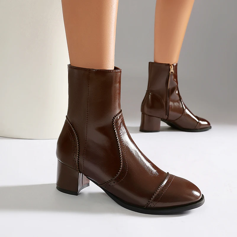 Plus Size Women Ankle Boots, Round Toe Block Heel Side Zipper Brogue Stitching Glossy PU Leather Short Booties