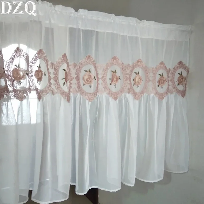 

French White /Pink 3D Relief Flowers Lace Tulle Short Curtains Living Room Embossed Flowers Half Curtains for Kitchen #A335