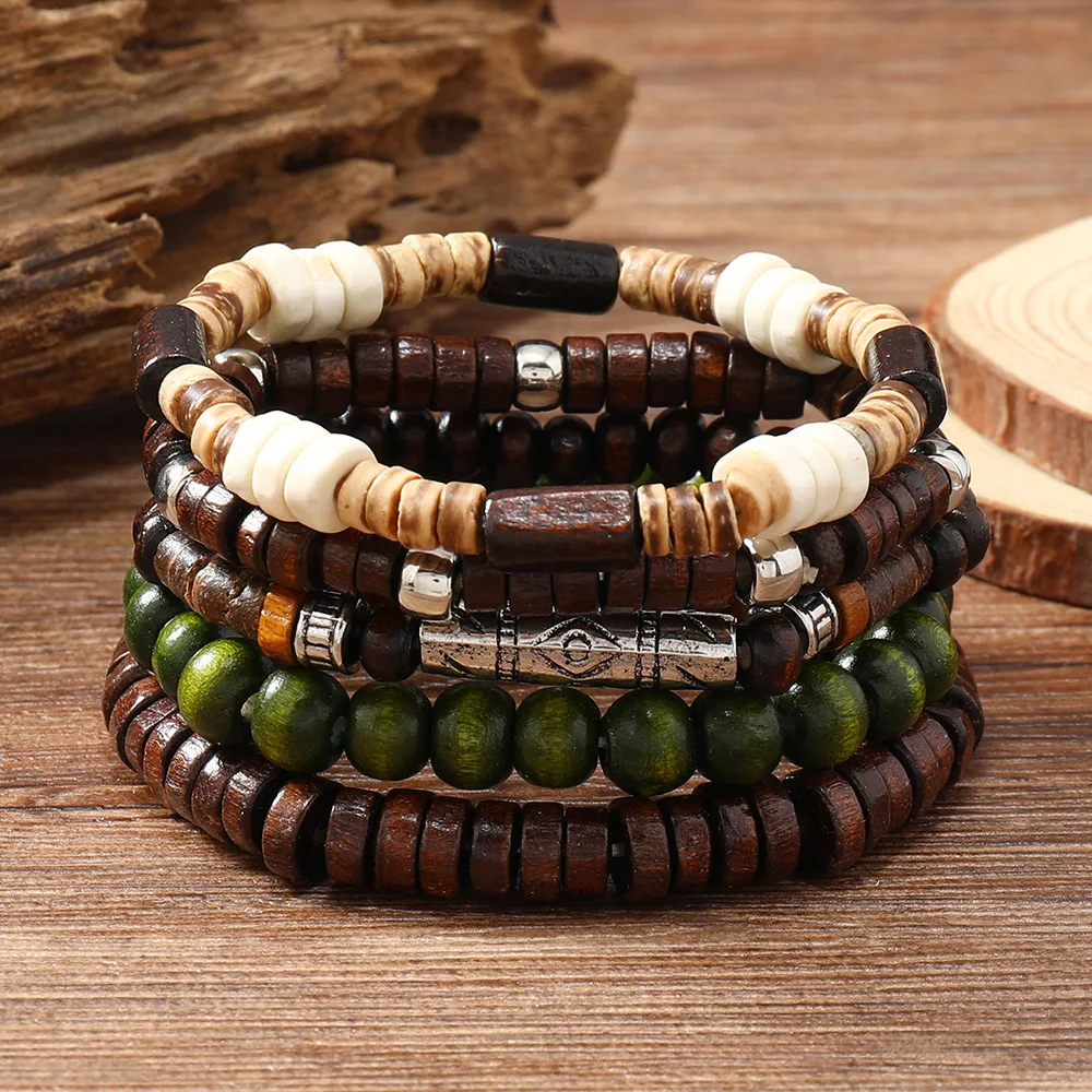 New Vintage Men\'s Bracelet Shell Coconut Shell Beaded Bracelet Multi Layer Handwoven Wooden Beaded Bracelet Bohemian Accessories