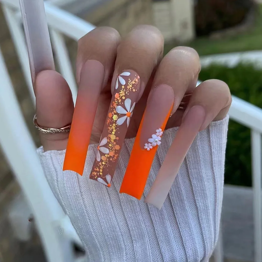 

3D fake nails accessories autumn orange glitters with white flowers long french coffin tips faux ongles press on false nail set