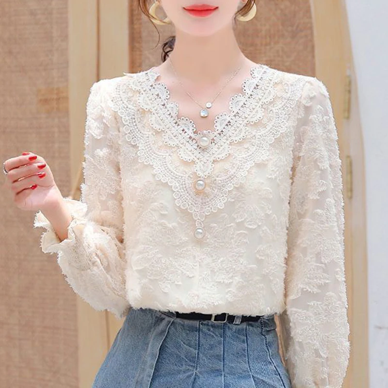 2023 Autumn Winter Women Lace Beaded Chic Sweet Fairy Blouses Fashion Elegant Solid Plush Shirts Female V Neck Long Sleeve Tops