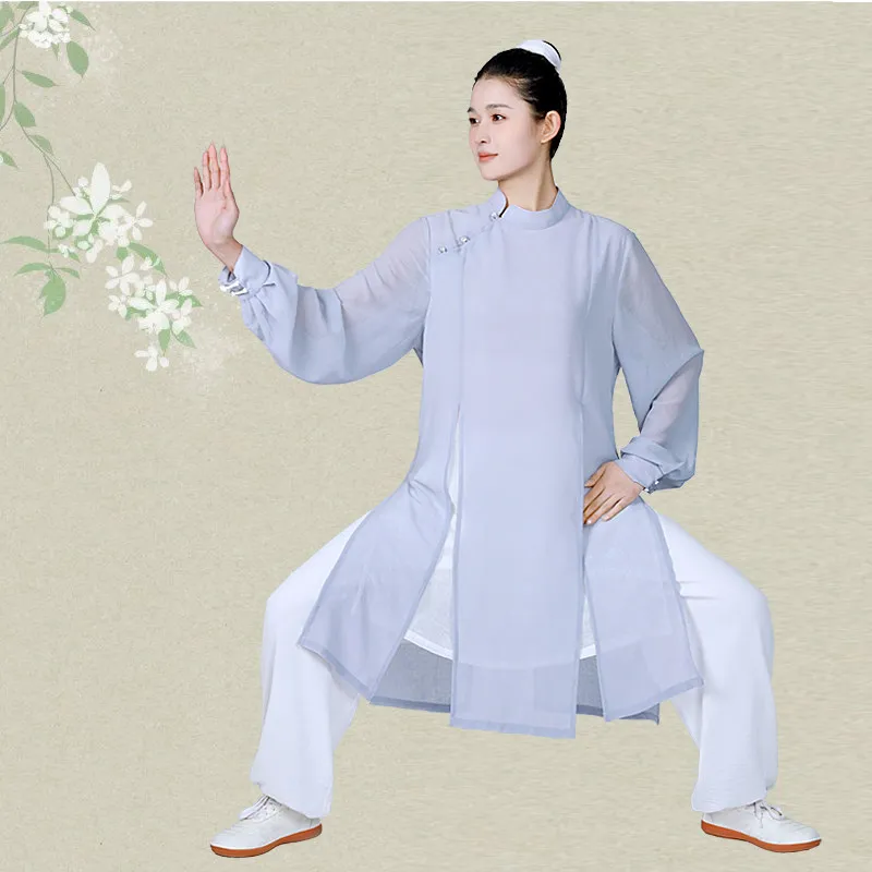 Women's 2026 New Premium Tai Chi & Baduanjin Summer Outfit - Crossed Collar Chiffon Mid-Length, Youthful Chinese Style Practice