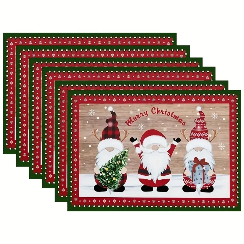 4/6/8pcs Set Christmas Snowman Gnome Tree Linen Placemats, Wooden Grain Buffalo Plaid Table Mats, Xmas Dining Home Decor