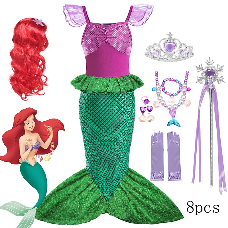 

2024 Disney Mermaid Ariel Princess Cotume For Girl Carnival Party Cosplay Dress Flying Sleeve Princess Cosplay Mermaid Dress