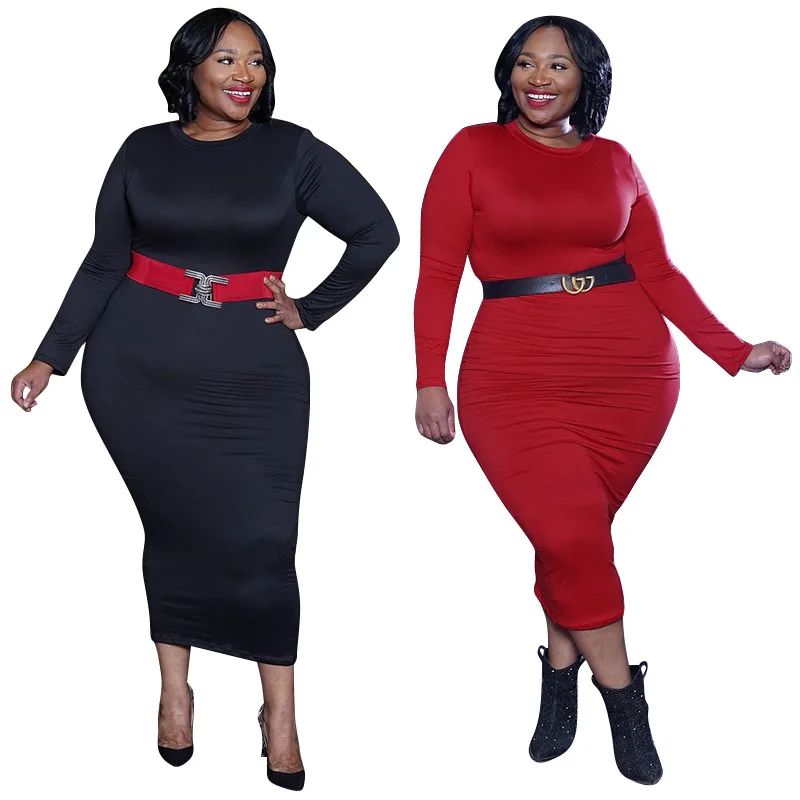 Somo Winter Lange Mouw Plus Size Vrouwen Kleding Toevallige Effen Kleur Skinny Hip Wrap Sexy Maxi Jurk Groothandel Dropshipping