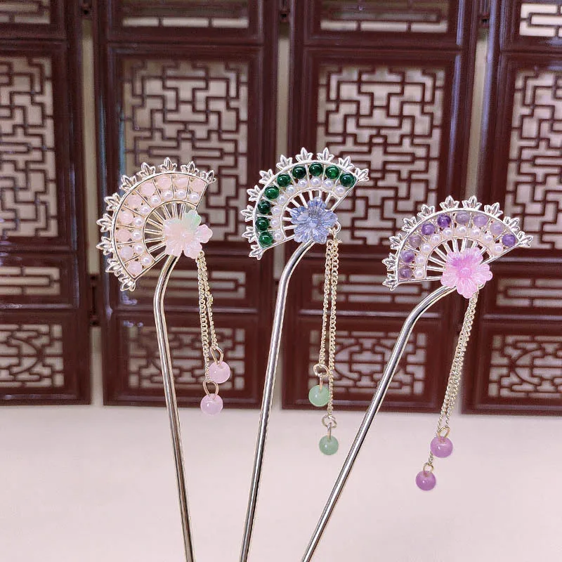 

High-end niche pearl folding fan flower hair clips, classical fan-shaped tassel hair clips, Hanfu hair clips