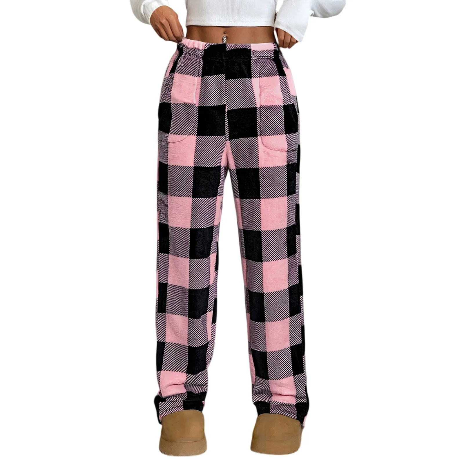 

Pajama Pants For Women Elastic Waist Fuzzy Fleece Plaid Bottoms Soft Lounge Sleepwear With Pockets Plush Pajamas Pants