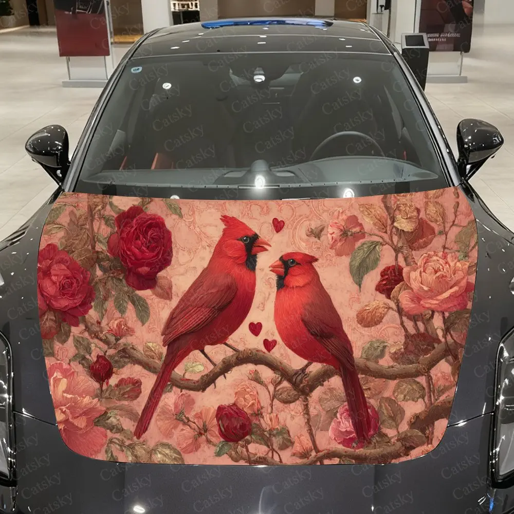 Two Red Cardinals Perched on Branch Car Vinyl Wrap, PVC Waterproof Car Hood Sticker, Self-Adhesive Scratch-Resistant Stickers