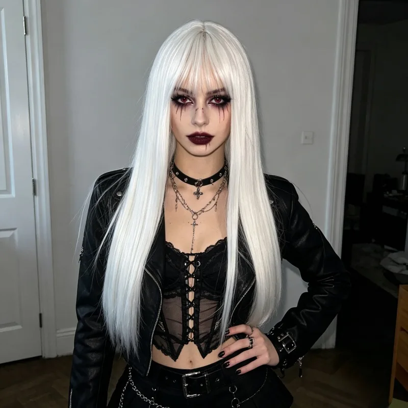 White Synthetic Wig - Popular for Halloween: Vampire-Style Costume for Cosplay Role-Playing. High-Temperature Silk Wig Headband.