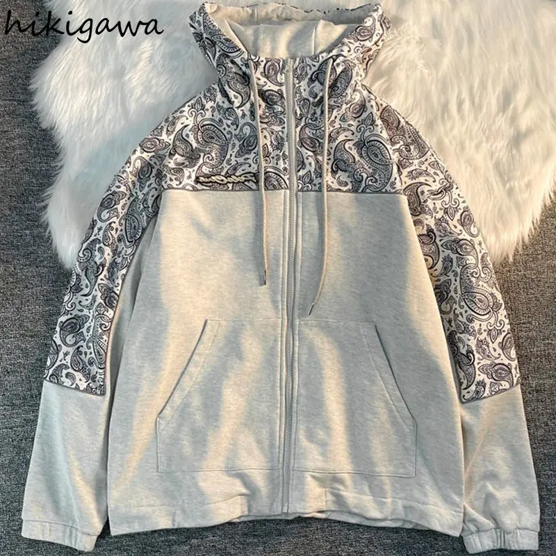 Streetwear Hoodies Women's Contrast Color Patchwork Y2k Tops 2024 Ropa Mujer Hooded Zipper Casual Fashion Oversized Sweatshirt