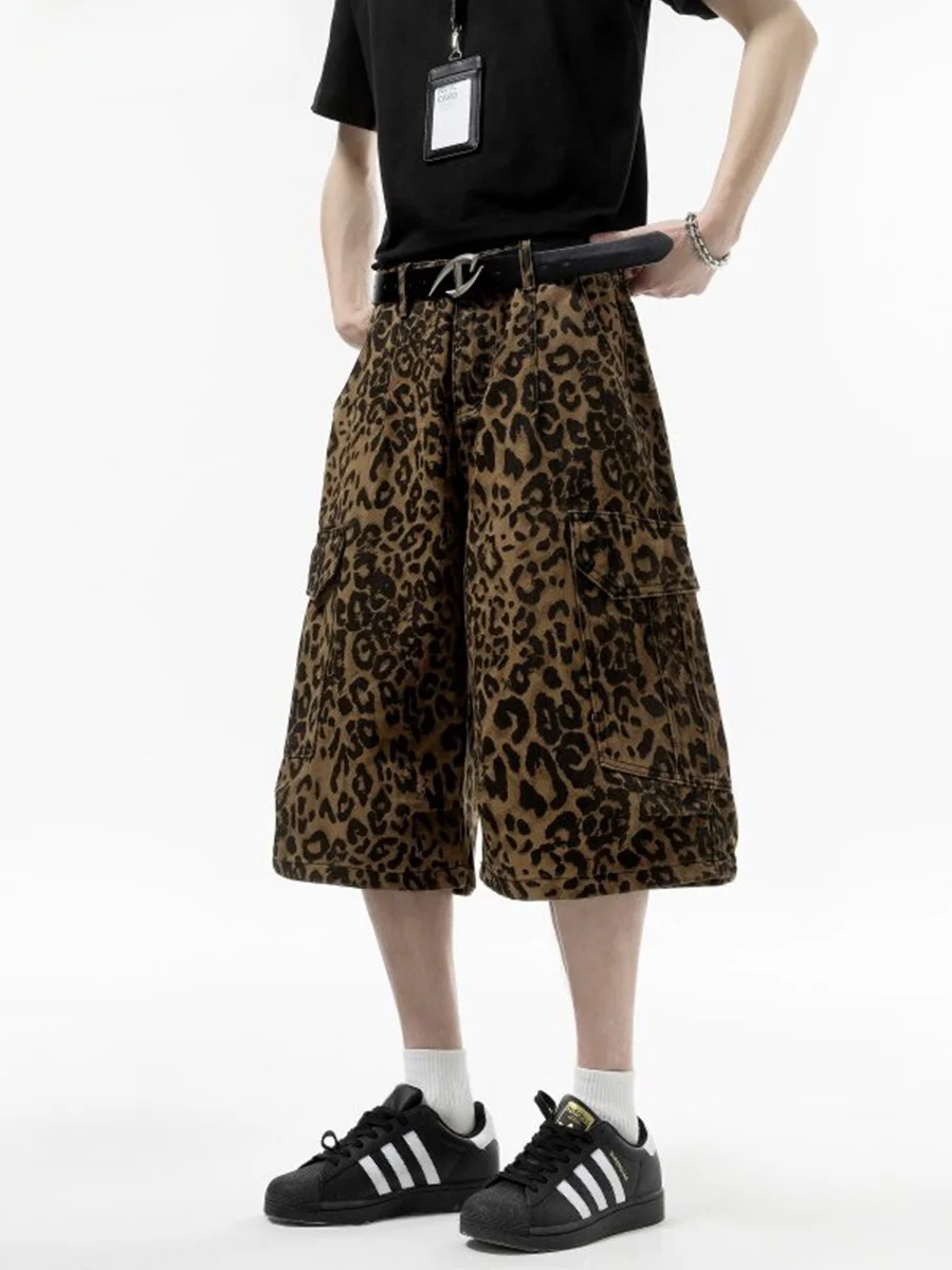 

American Sle Leopard Print Workwear orts Men's Summer Loose Straight Leg mid Waist Casual Pants Trendy Brand Faionable