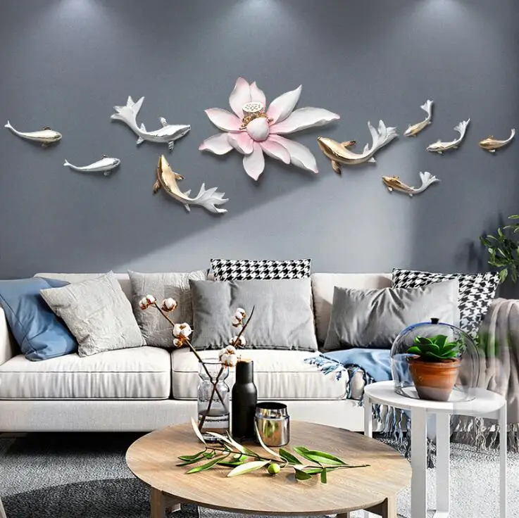 Chinese Luxury Wall Hanging Resin Fish Group Home Livingroom Sofa Background Sticker Flowers Crafts Hotel Mural