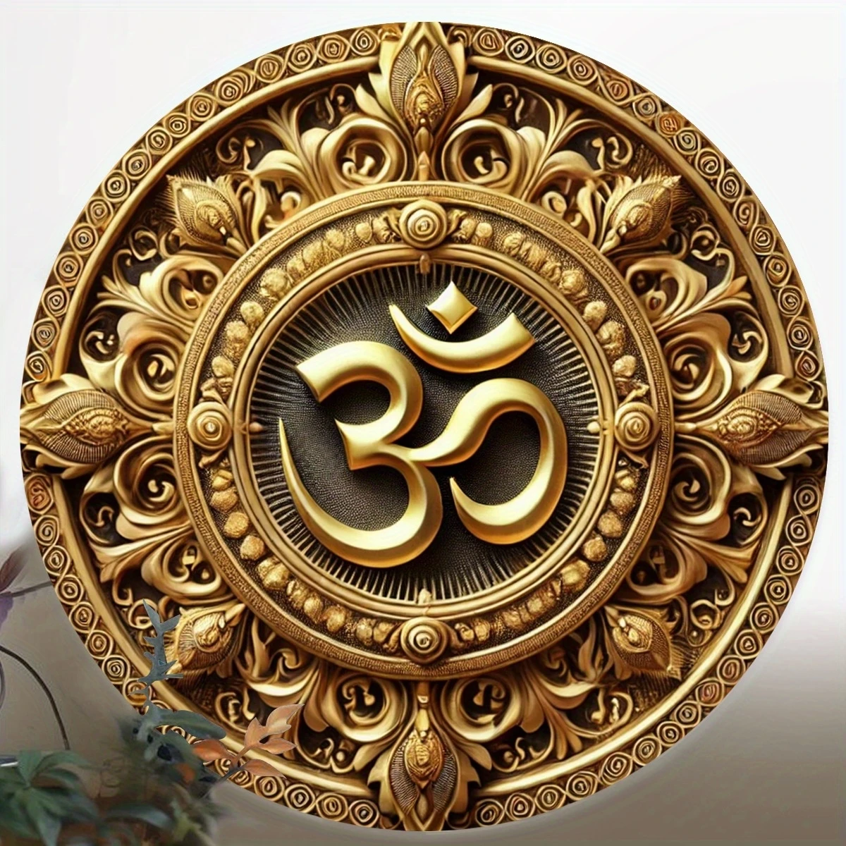 1 Piece 2D 8 Inch Wooden Disc Deluxe Gold Om Symbol Model Sign Garage Hanging Garden Porch Living Room Park Outdoor