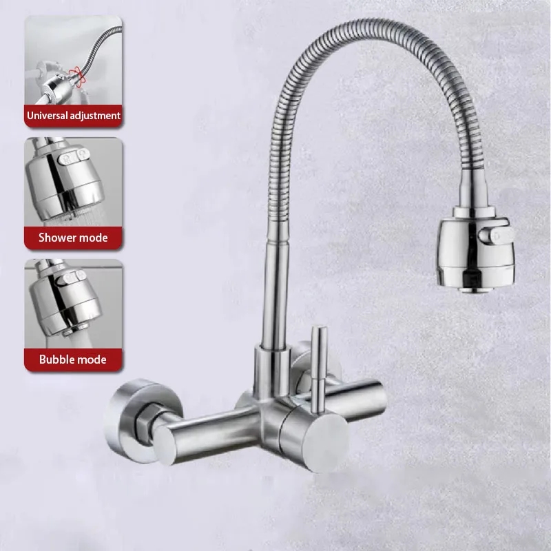 

Смеситель для кухонной мойки, брызгозащищенный 360° ° Мягкий шланг в стиле горячей и холодной воды, нержавеющая сталь 304, 2 режима, аксессуары