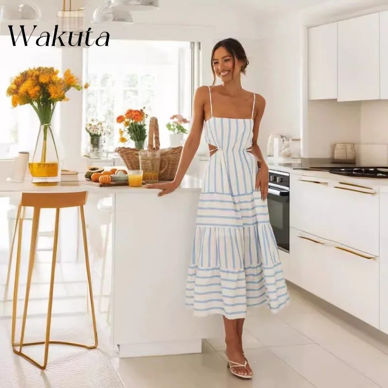 WAKUTA American Retro Square Neck Sleeveless Camisole Bodycon Robe Sexy Exposed Waist Striped Patchwork Dress Beach Y2K Clothes