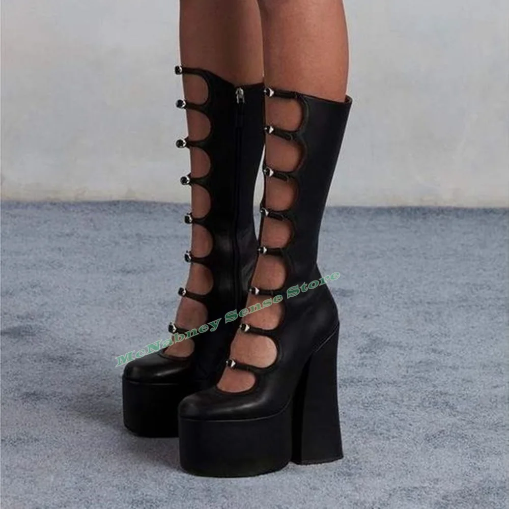 thick sole straps hollow sandals boots round toe platform chunky high heels solid buckles side zipper women new shoes summer