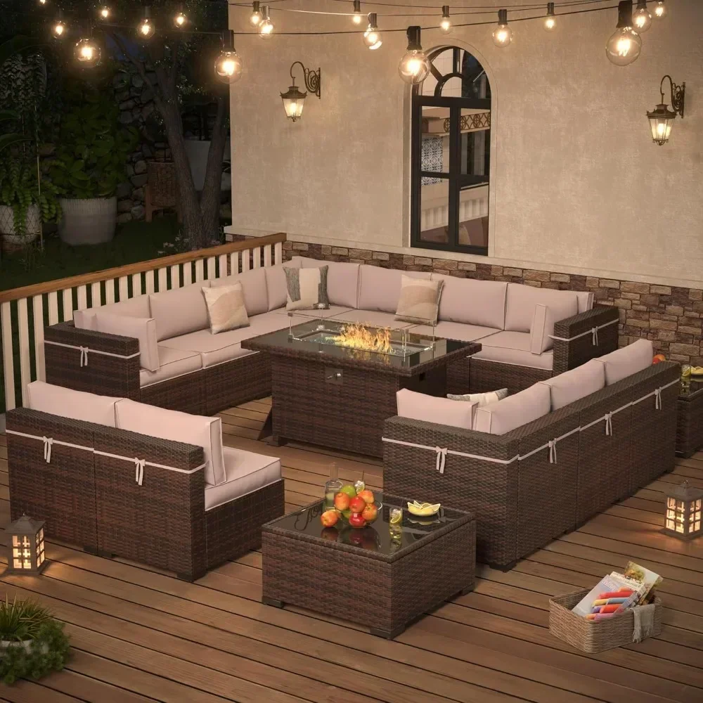 Outdoor Patio Furniture Set, 14 Pieces PE Wicker Pit Sectional Sofa with Khaki Cushions, Coffee Tables, All-Weather Covers 14cs