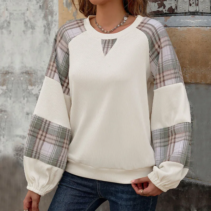 

Women's Beige Plaid Contrast Panel Sweatshirt Casual Loose Round Neck Lantern Sleeve Pullover Top