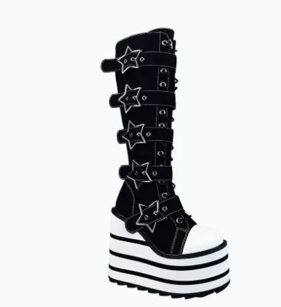 Women Star Buckle Knee High Platform Boots Multi Strap Lace Up Round Toe Striped Wedges Gothic Y2K Punk Street Fashion  Boots