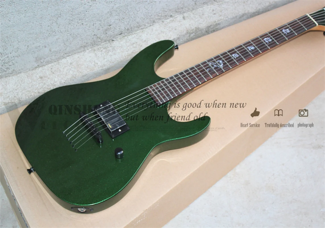 

Metallic Green Electric Guitar Maple Neck Set In Basswood Body String Through Body Rosewood Fingerboard Loong Inlay