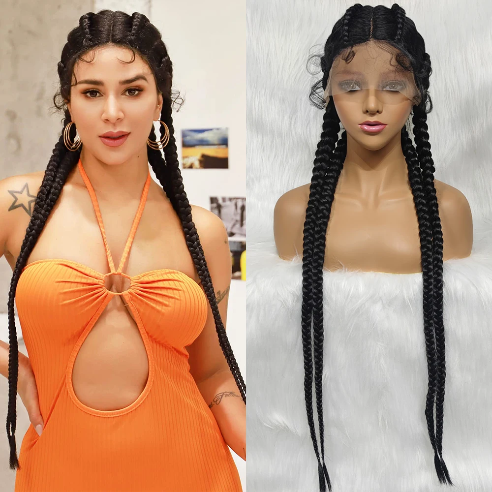 Synthetic Cornrow Braids Wigs Extra Long Braided Lace Front Double Dutch Braided Wigs with Baby Hair for Women Heat Resistant