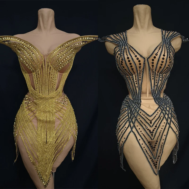 

Flying Shoulder Rhinestones Dress Women Party Evening Dress Bar Jazz Dance Costume Stage Catwalk Performance Wear XS10528